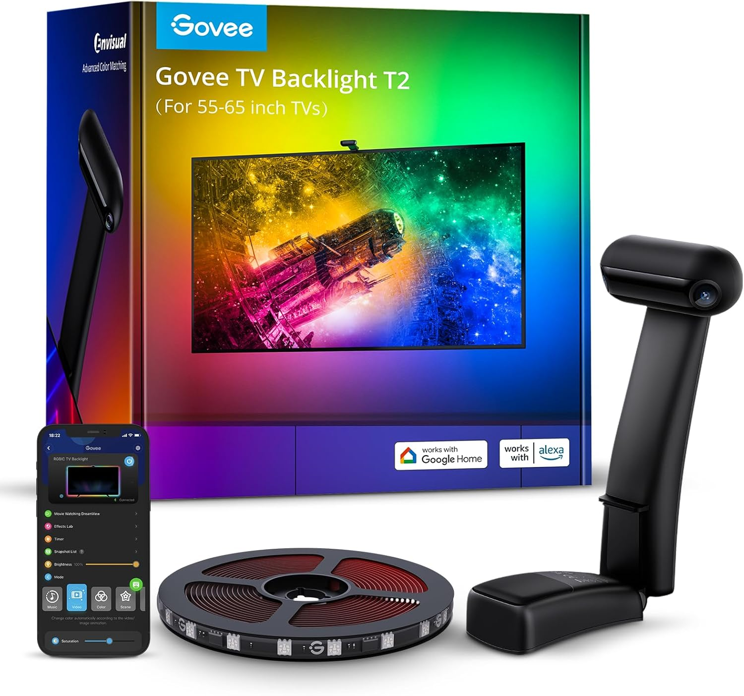 Govee Envisual TV LED Backlight T2 with Dual Cameras, 11.8ft RGBIC Wi-Fi LED Strip Lights for 55-65 inch TVs Govee Envisual TV LED Backlight T2 with Dual Cameras, 11.8ft RGBIC Wi-Fi LED Strip Lights for 55-65 inch TVs